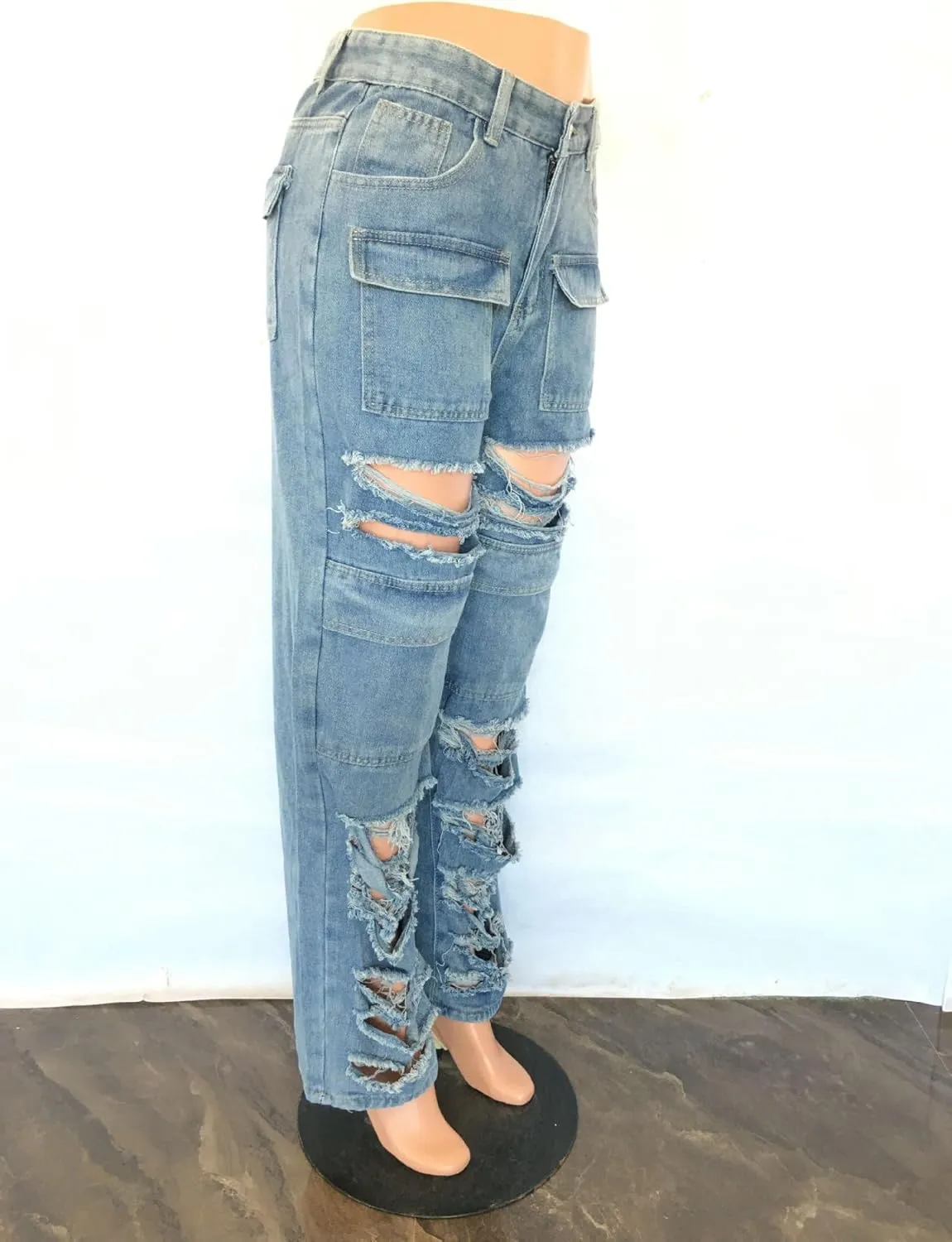 Women's Ripped Wide High Waist Jeans,Regular Fit Boyfriend Distressed Denim Pants with Hole