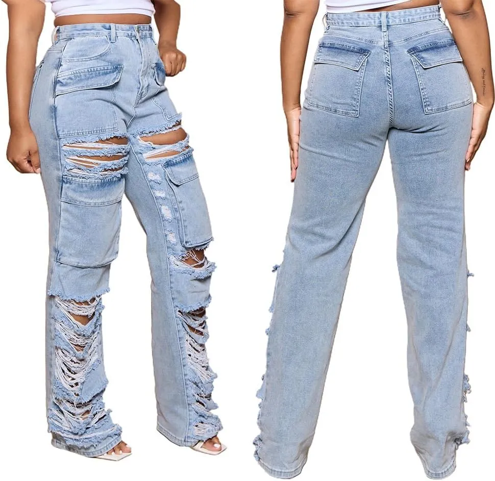 Women's Ripped Wide High Waist Jeans,Regular Fit Boyfriend Distressed Denim Pants with Hole