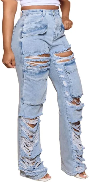Women's Ripped Wide High Waist Jeans,Regular Fit Boyfriend Distressed Denim Pants with Hole