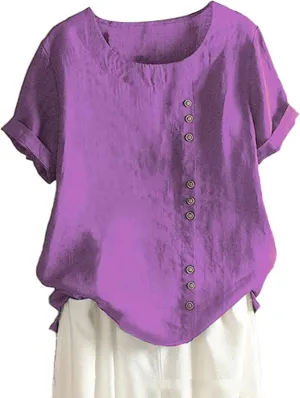 Women's Short Sleeve Cotton Linen Shirts Casual V Neck Soft T-Shirt Button Up Loose Summer Tshirts