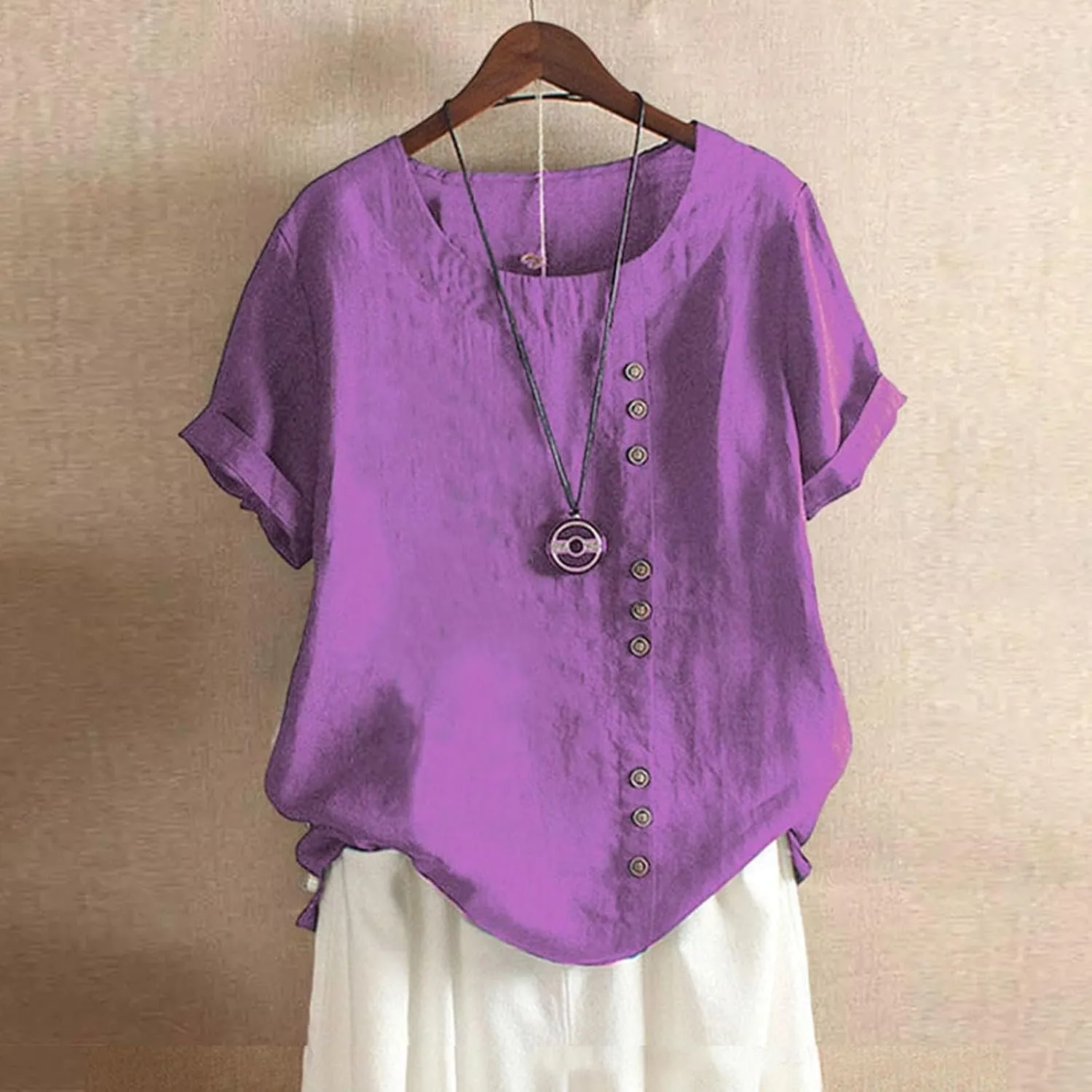 Women's Short Sleeve Cotton Linen Shirts Casual V Neck Soft T-Shirt Button Up Loose Summer Tshirts