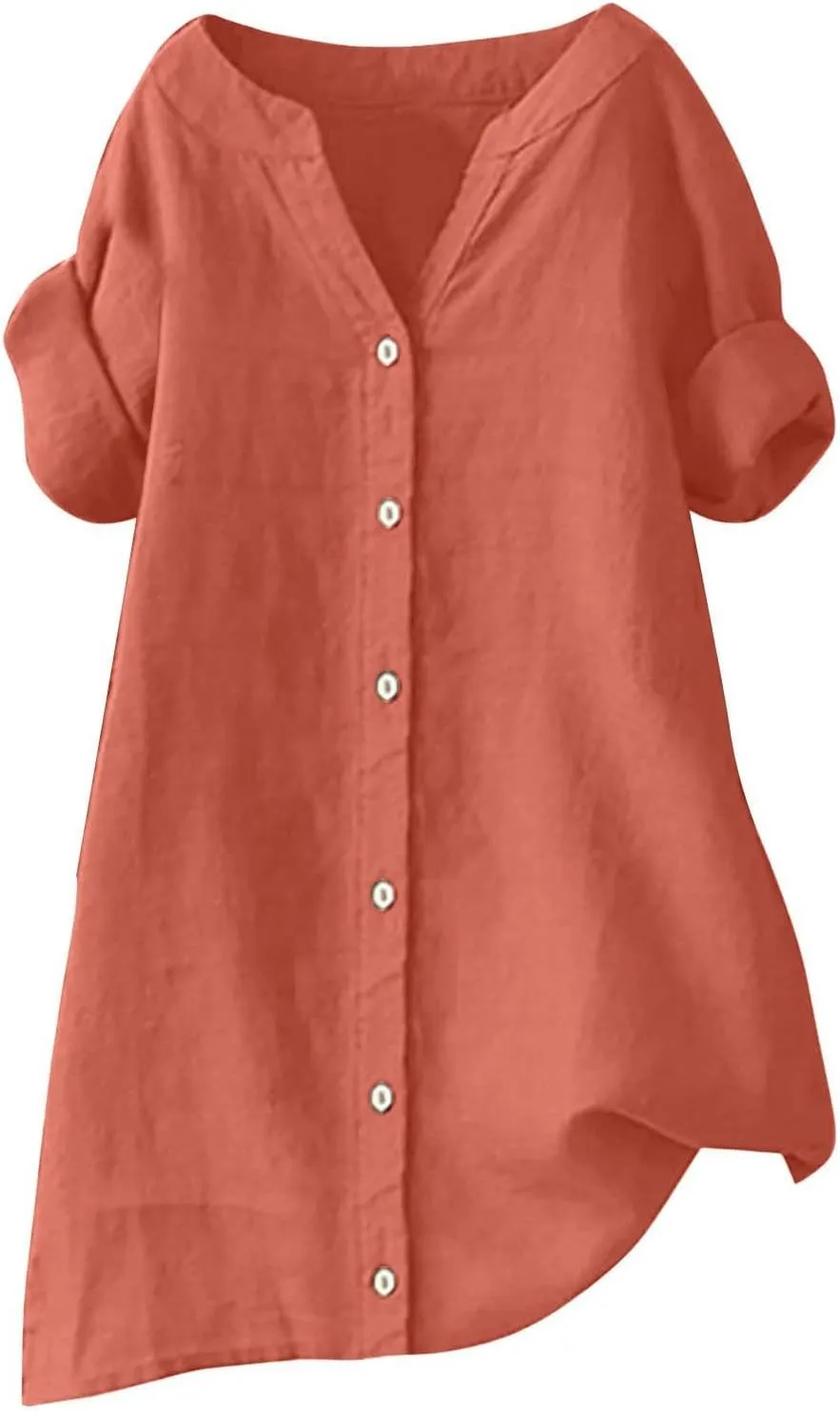 Women's Short Sleeve Linen Shirts Casual Crew Neck Lightweight T-Shirts Button Loose Fit Summer Tee Top