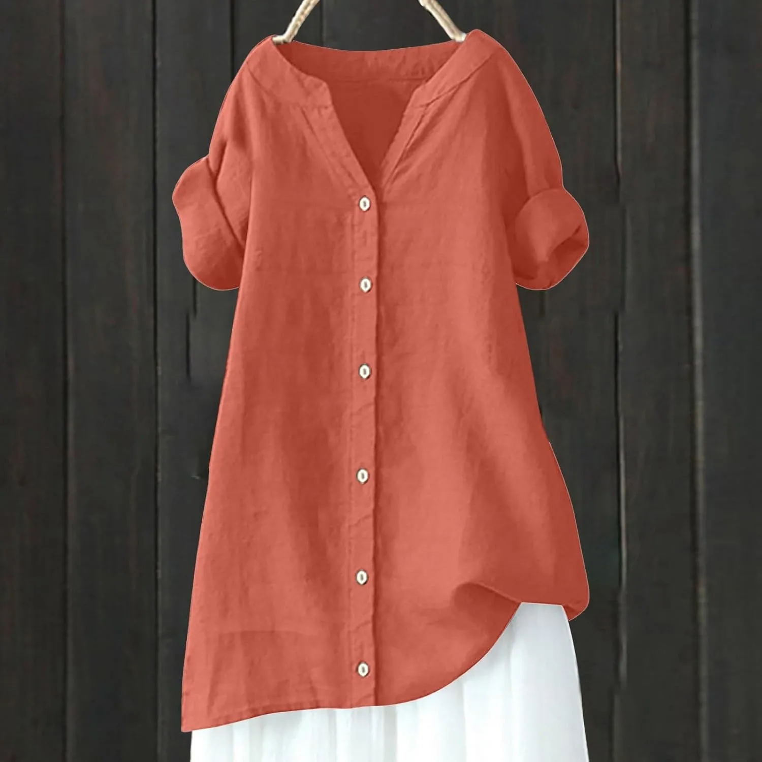 Women's Short Sleeve Linen Shirts Casual Crew Neck Lightweight T-Shirts Button Loose Fit Summer Tee Top