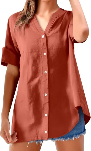 Women's Short Sleeve Linen Shirts Casual Crew Neck Lightweight T-Shirts Button Loose Fit Summer Tee Top