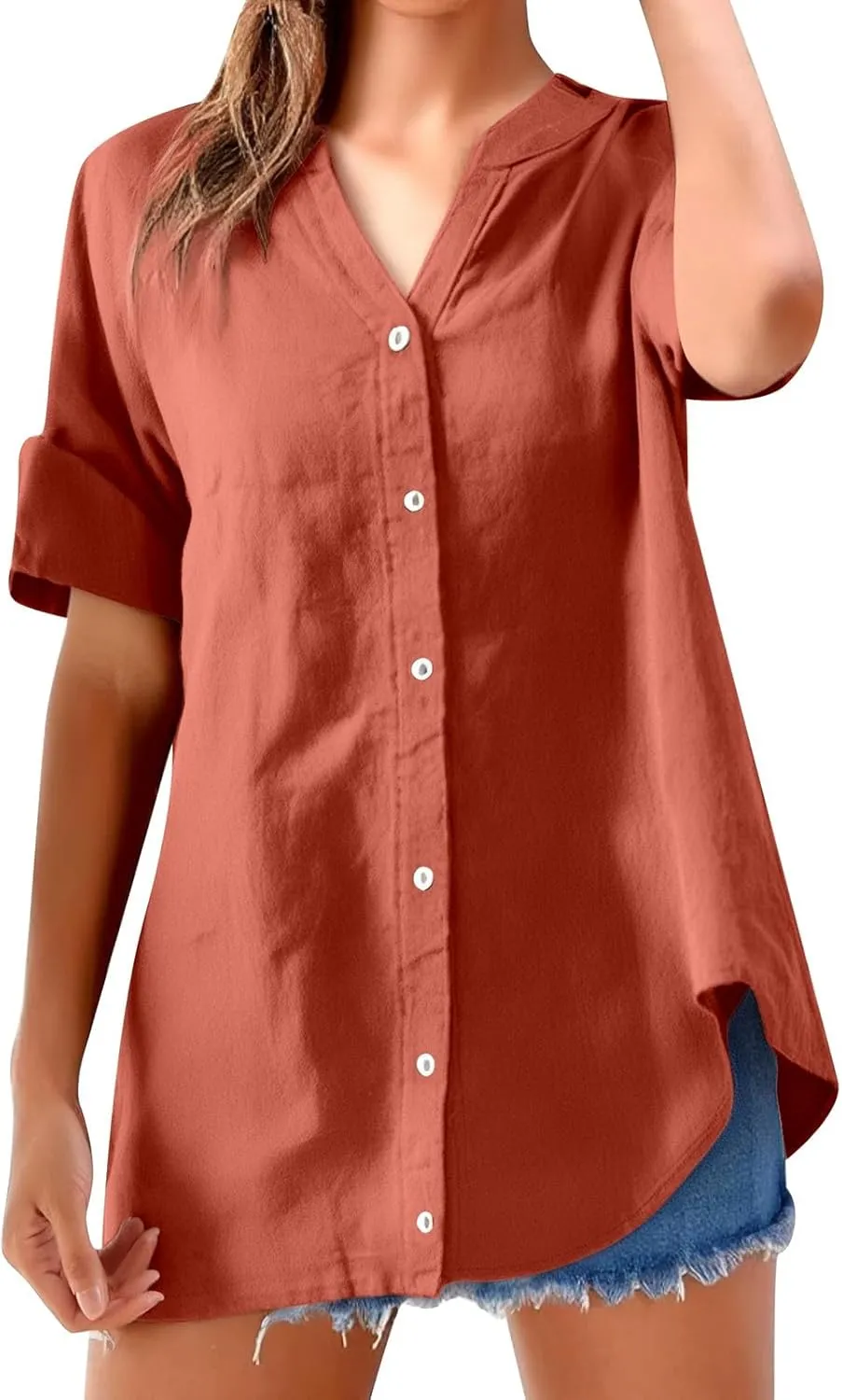Women's Short Sleeve Linen Shirts Casual Crew Neck Lightweight T-Shirts Button Loose Fit Summer Tee Top