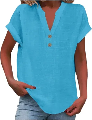 Womens Short Sleeve Linen Shirts Casual Round Neck Oversized T Shirt Embroidery Loose Fit Summer Tee Tops