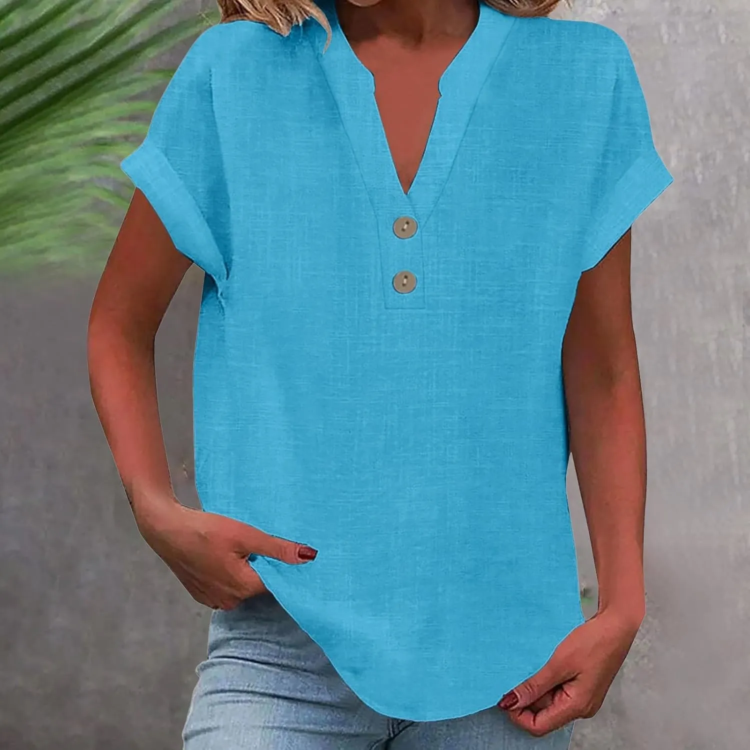 Womens Short Sleeve Linen Shirts Casual Round Neck Oversized T Shirt Embroidery Loose Fit Summer Tee Tops