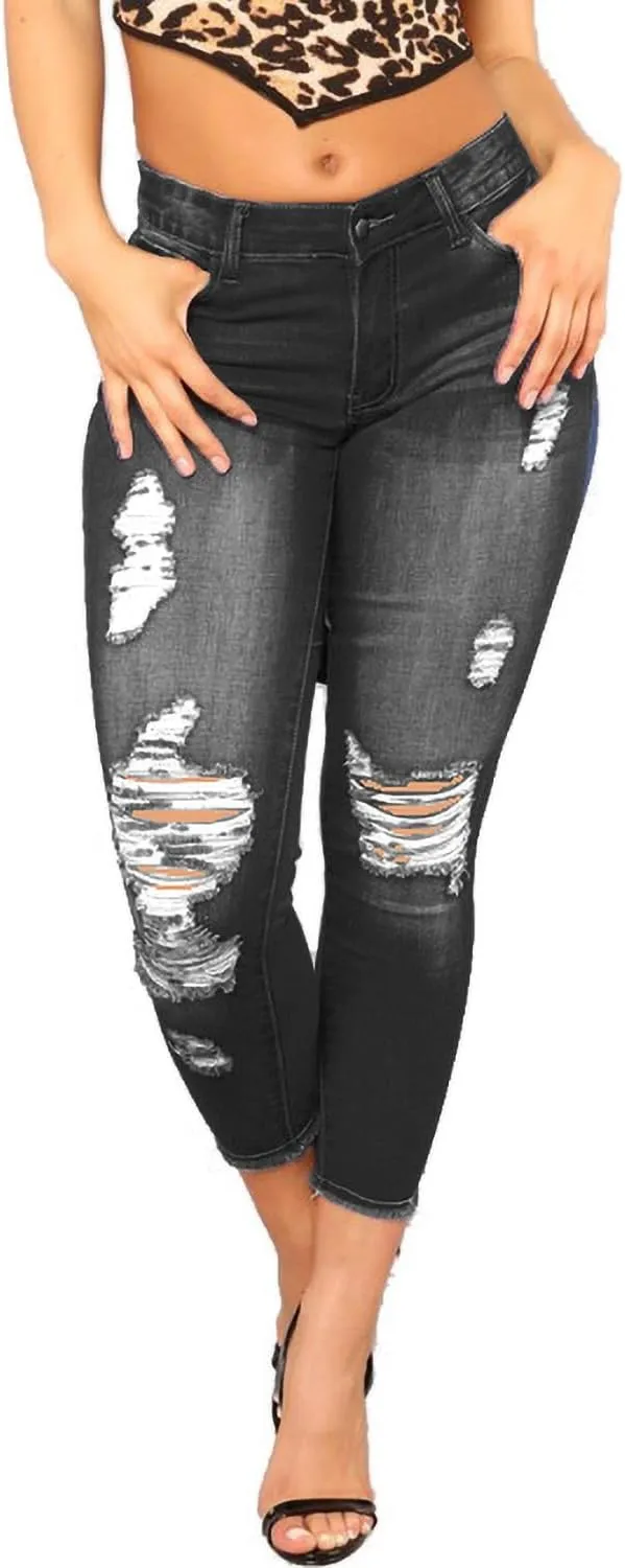 Womens Stretchy Ripped Skinny Jeans High Waisted Boyfriend Distressed Denim Pants Leggings