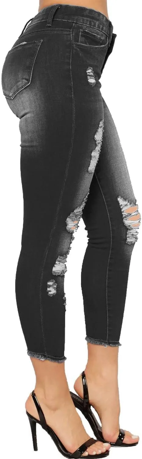 Womens Stretchy Ripped Skinny Jeans High Waisted Boyfriend Distressed Denim Pants Leggings
