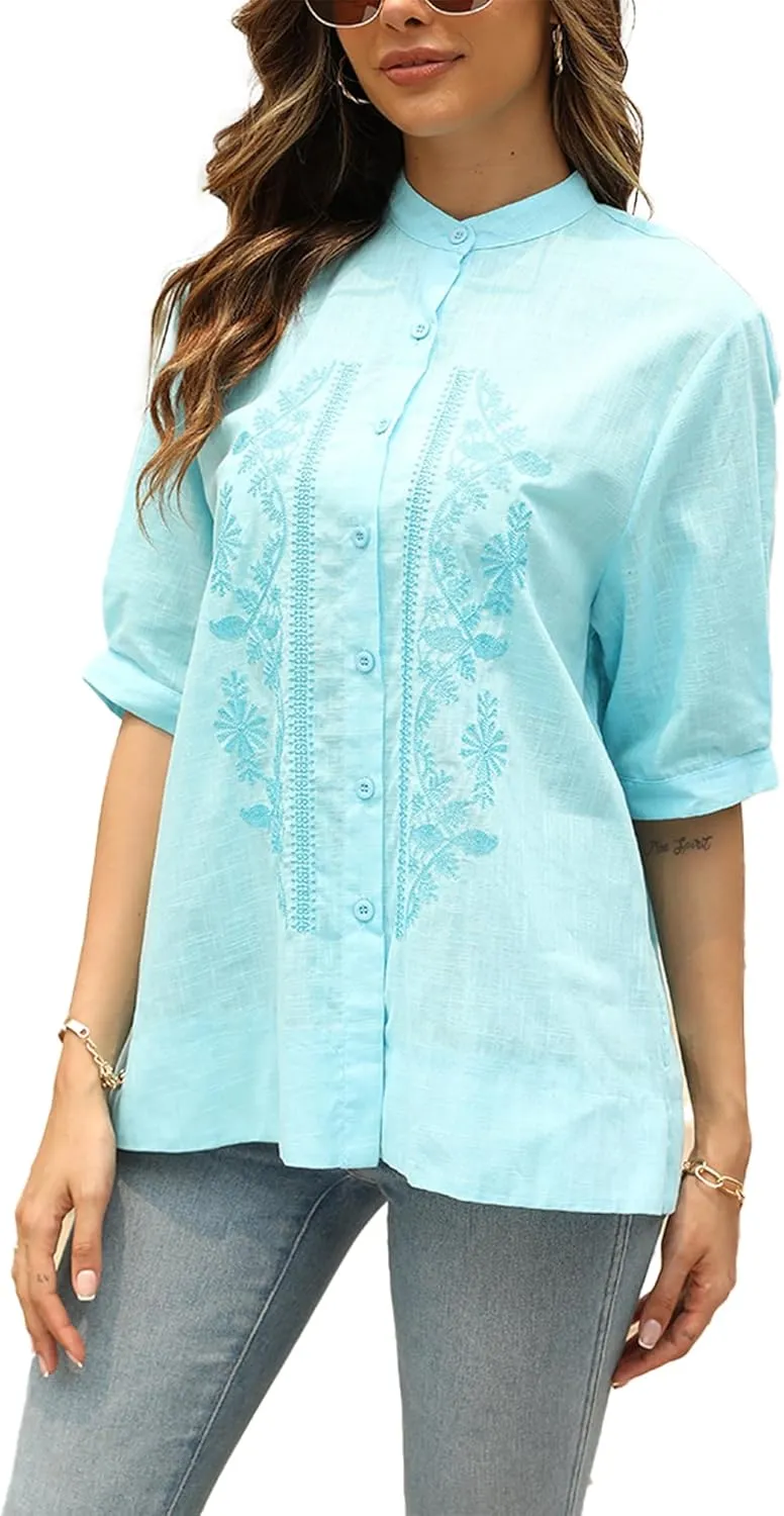 Women's Summer Flora Embroidered Tops V Neck Short Sleeve Tunic Tops for Women Cotton Blouses Boho Loose Fit Tunic Tshirts