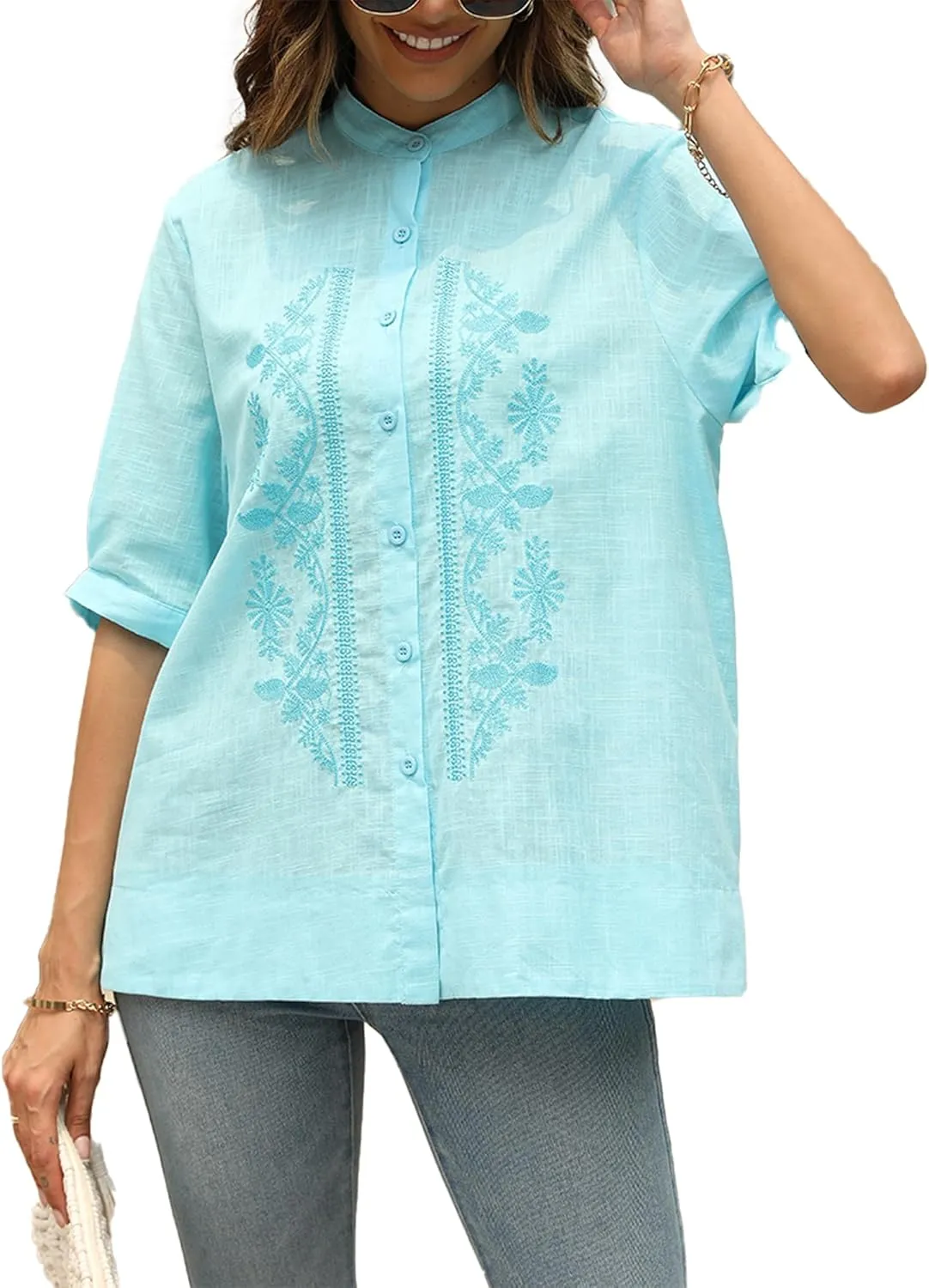 Women's Summer Flora Embroidered Tops V Neck Short Sleeve Tunic Tops for Women Cotton Blouses Boho Loose Fit Tunic Tshirts