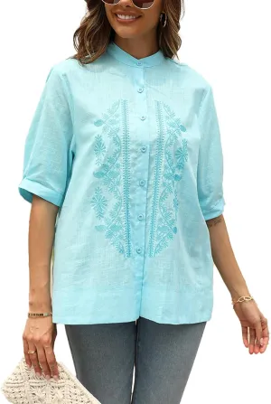 Women's Summer Flora Embroidered Tops V Neck Short Sleeve Tunic Tops for Women Cotton Blouses Boho Loose Fit Tunic Tshirts
