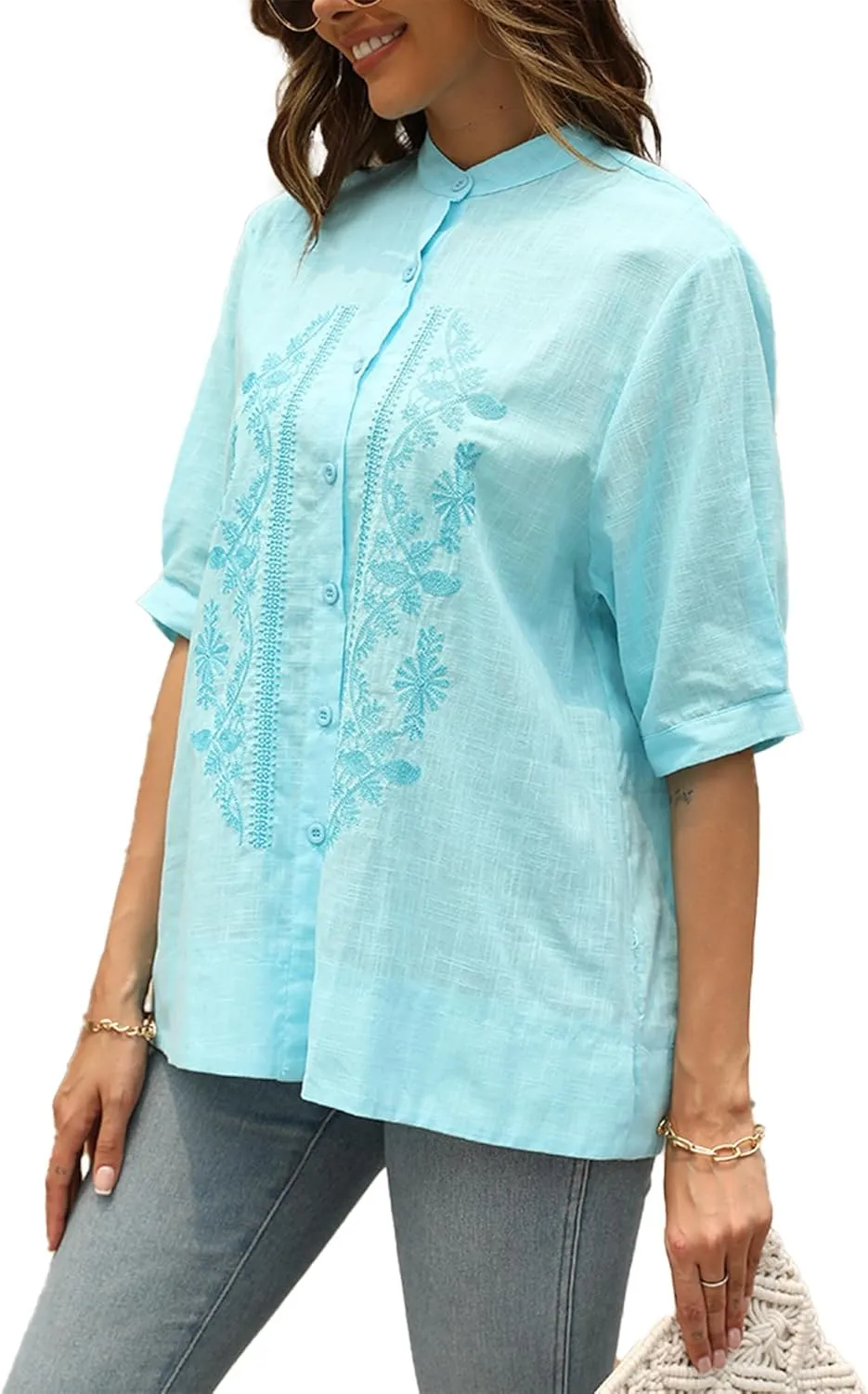 Women's Summer Flora Embroidered Tops V Neck Short Sleeve Tunic Tops for Women Cotton Blouses Boho Loose Fit Tunic Tshirts