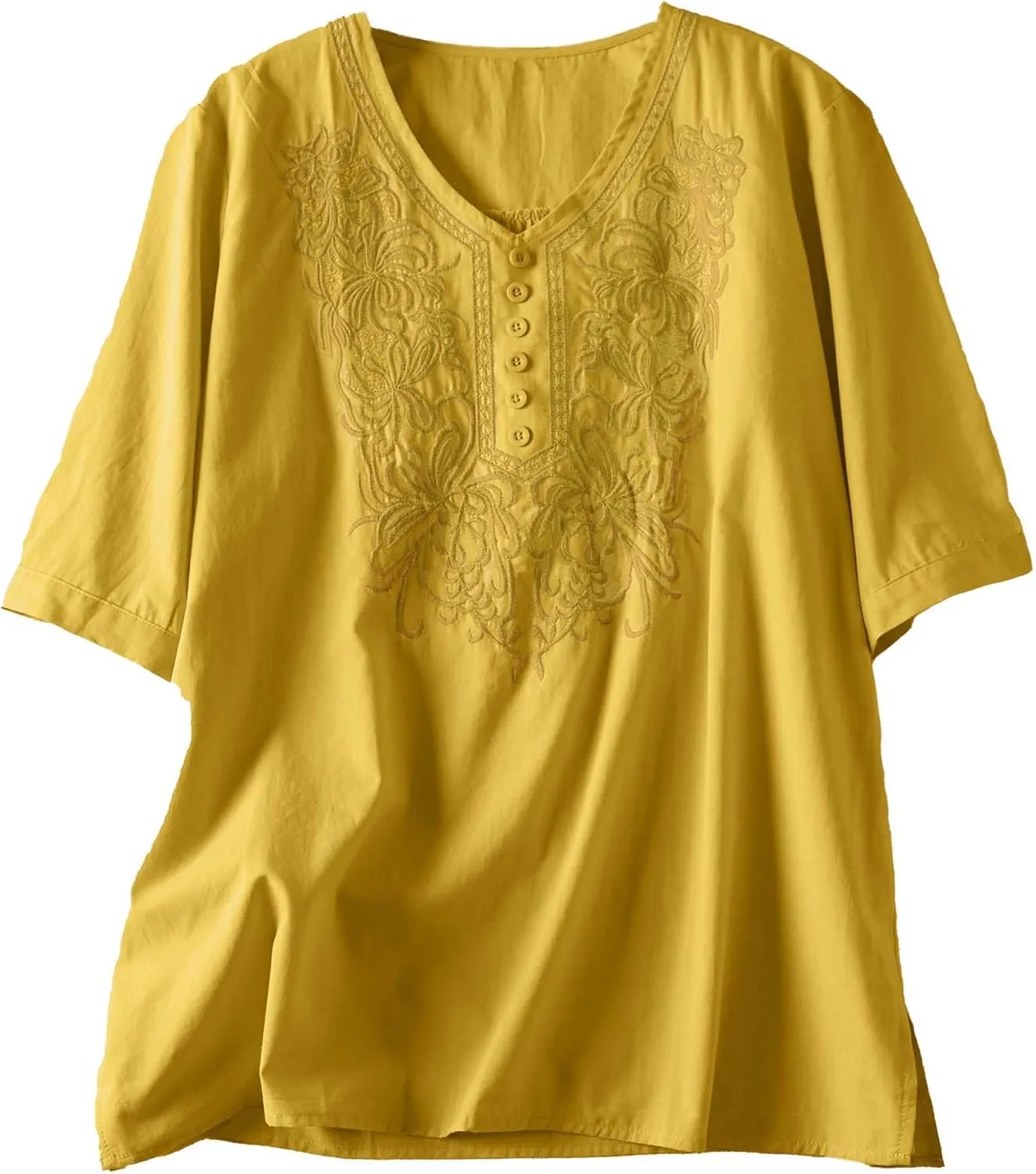 Women's Summer Flora Embroidered Tops V Neck Short Sleeve Tunic Tops for Women Cotton Blouses Boho Loose Fit Tunic Tshirts