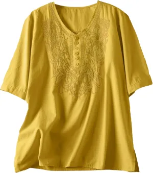 Women's Summer Flora Embroidered Tops V Neck Short Sleeve Tunic Tops for Women Cotton Blouses Boho Loose Fit Tunic Tshirts