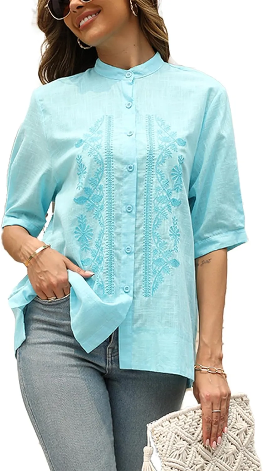 Women's Summer Flora Embroidered Tops V Neck Short Sleeve Tunic Tops for Women Cotton Blouses Boho Loose Fit Tunic Tshirts