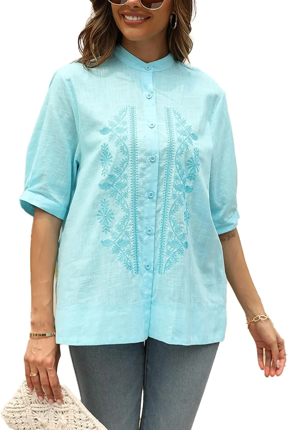 Women's Summer Flora Embroidered Tops V Neck Short Sleeve Tunic Tops for Women Cotton Blouses Boho Loose Fit Tunic Tshirts