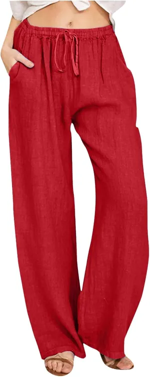 Womens Summer Flowy Linen Palazzo Wide Leg Pants Jogger High Waist Pant Boho Long Lounge Trouser with Pockets
