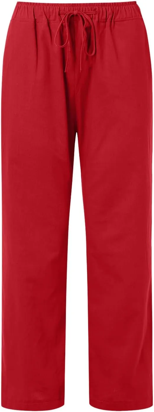 Womens Summer Flowy Linen Palazzo Wide Leg Pants Jogger High Waist Pant Boho Long Lounge Trouser with Pockets