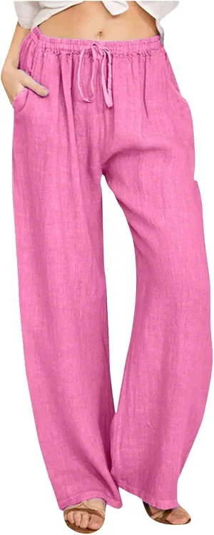 Womens Summer Flowy Linen Palazzo Wide Leg Pants Jogger High Waist Pant Boho Long Lounge Trouser with Pockets