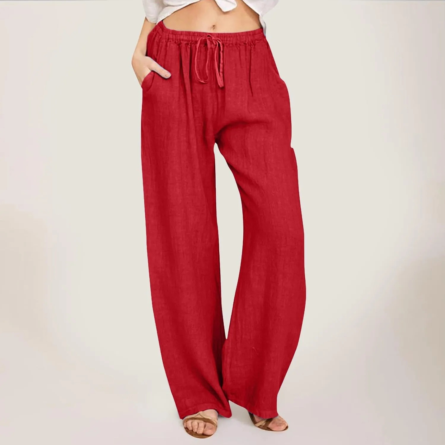 Womens Summer Flowy Linen Palazzo Wide Leg Pants Jogger High Waist Pant Boho Long Lounge Trouser with Pockets