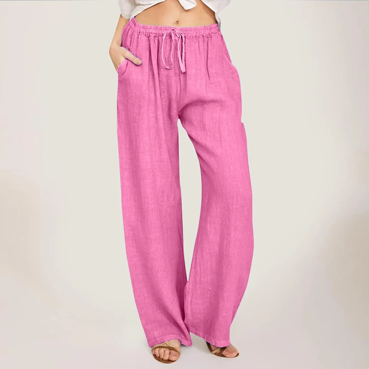 Womens Summer Flowy Linen Palazzo Wide Leg Pants Jogger High Waist Pant Boho Long Lounge Trouser with Pockets