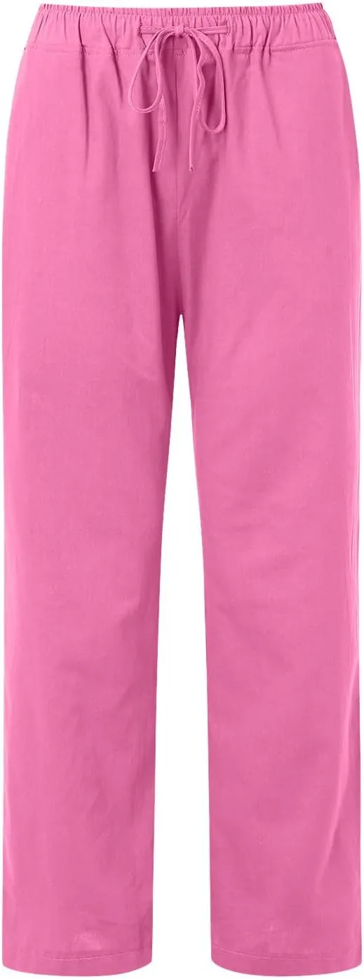 Womens Summer Flowy Linen Palazzo Wide Leg Pants Jogger High Waist Pant Boho Long Lounge Trouser with Pockets