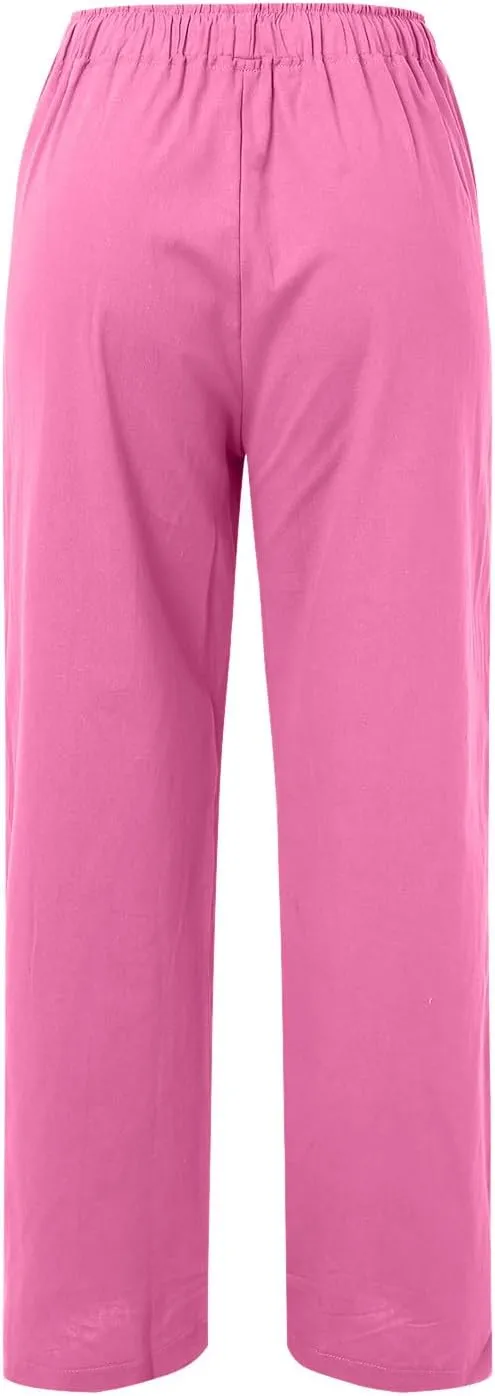 Womens Summer Flowy Linen Palazzo Wide Leg Pants Jogger High Waist Pant Boho Long Lounge Trouser with Pockets