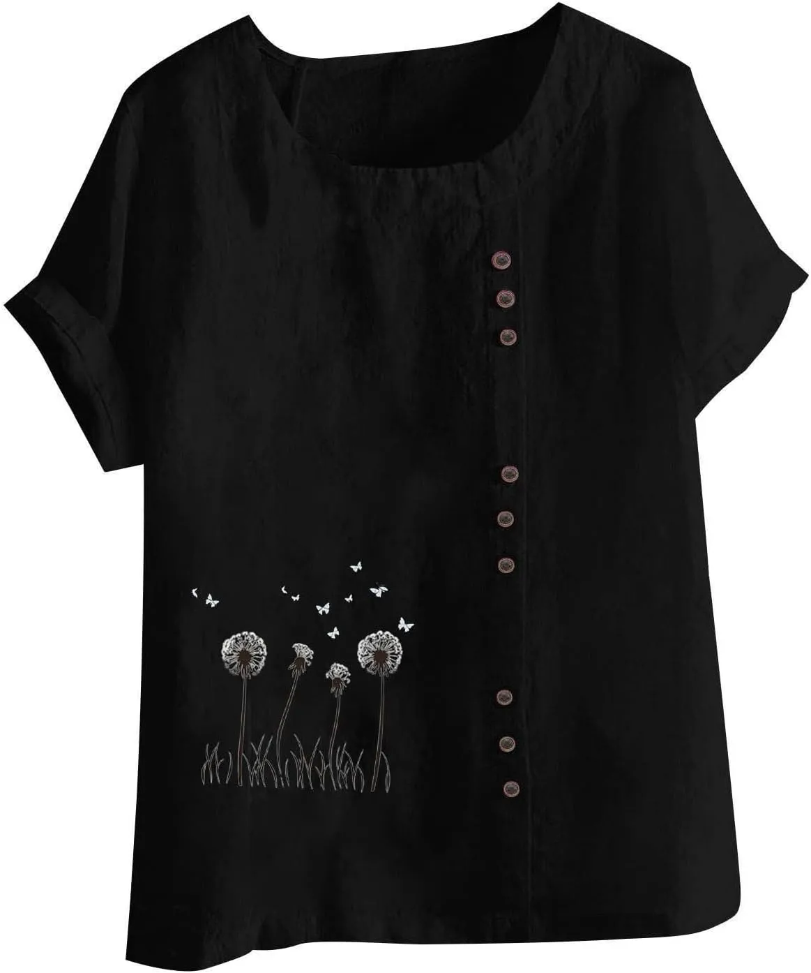 Womens Summer Gauze Tops Cotton Linen T Shirts Short Sleeve Round Neck Floral Embroidery Tee Retro Tunic Shirt