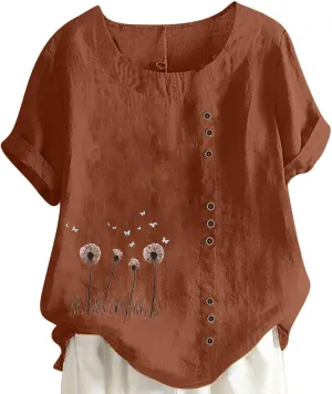 Womens Summer Gauze Tops Cotton Linen T Shirts Short Sleeve Round Neck Floral Embroidery Tee Retro Tunic Shirt