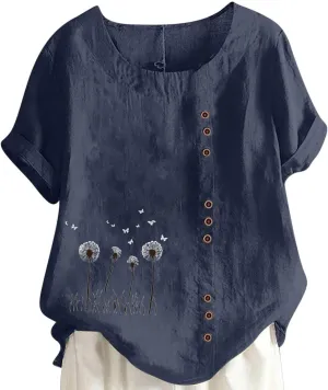 Womens Summer Gauze Tops Cotton Linen T Shirts Short Sleeve Round Neck Floral Embroidery Tee Retro Tunic Shirt