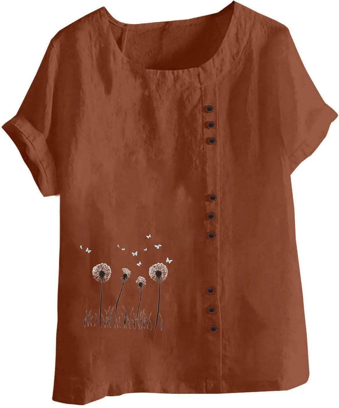 Womens Summer Gauze Tops Cotton Linen T Shirts Short Sleeve Round Neck Floral Embroidery Tee Retro Tunic Shirt