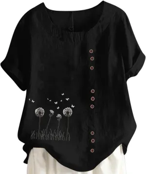 Womens Summer Gauze Tops Cotton Linen T Shirts Short Sleeve Round Neck Floral Embroidery Tee Retro Tunic Shirt