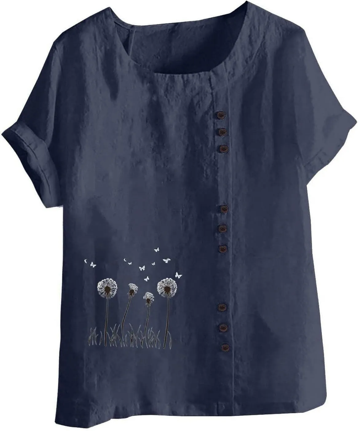 Womens Summer Gauze Tops Cotton Linen T Shirts Short Sleeve Round Neck Floral Embroidery Tee Retro Tunic Shirt