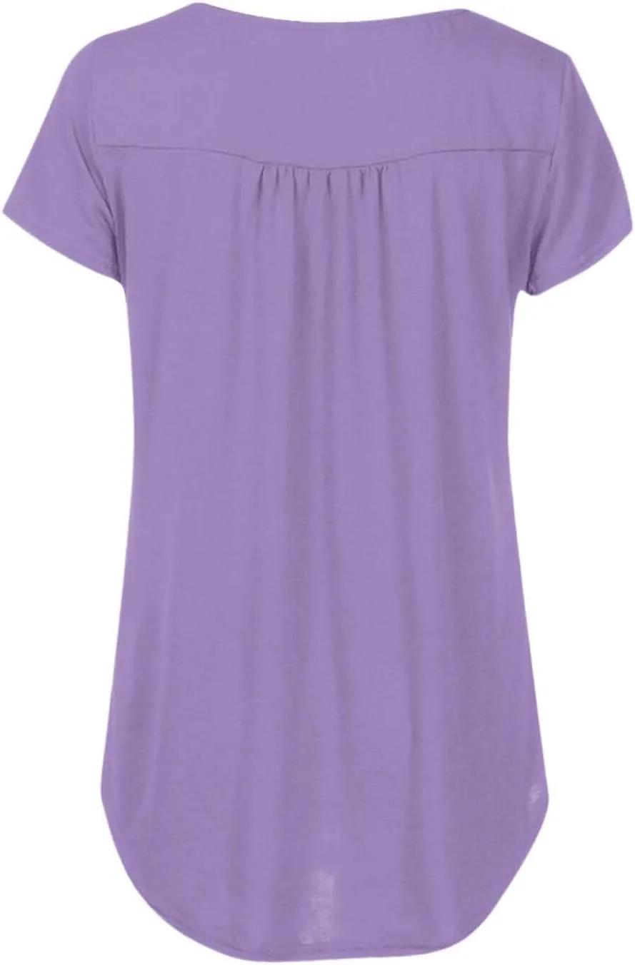 Womens Summer Tops Short Sleeve Pleated Square Neck Dressy Flowy Tunics Shirts Blouses