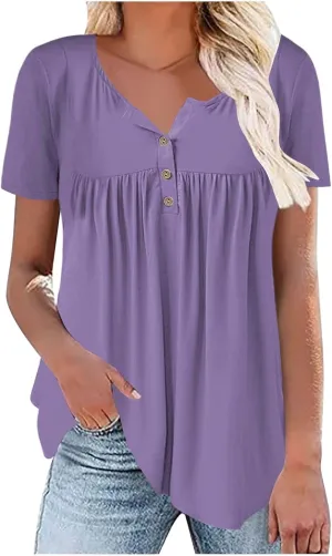 Womens Summer Tops Short Sleeve Pleated Square Neck Dressy Flowy Tunics Shirts Blouses