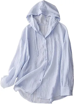 Women's Sun Protection Hoodie Shirt Solid Color Cotton Linen Long Sleeve Beach Blouse Casual Swimsuit Cover Up Tops