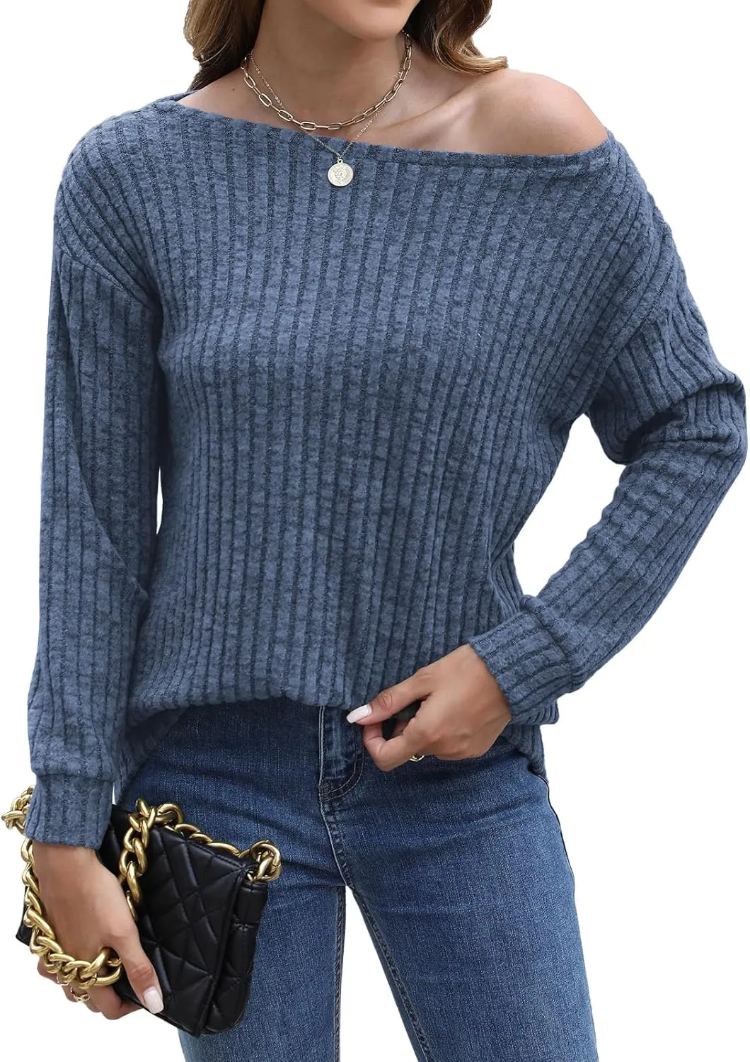 Womens Tops Sweaters Ladies Tunics Casual Long Sleeve Shirts Blouses Tees Dressy Casual Clothing Boat Neck Fashion 2025