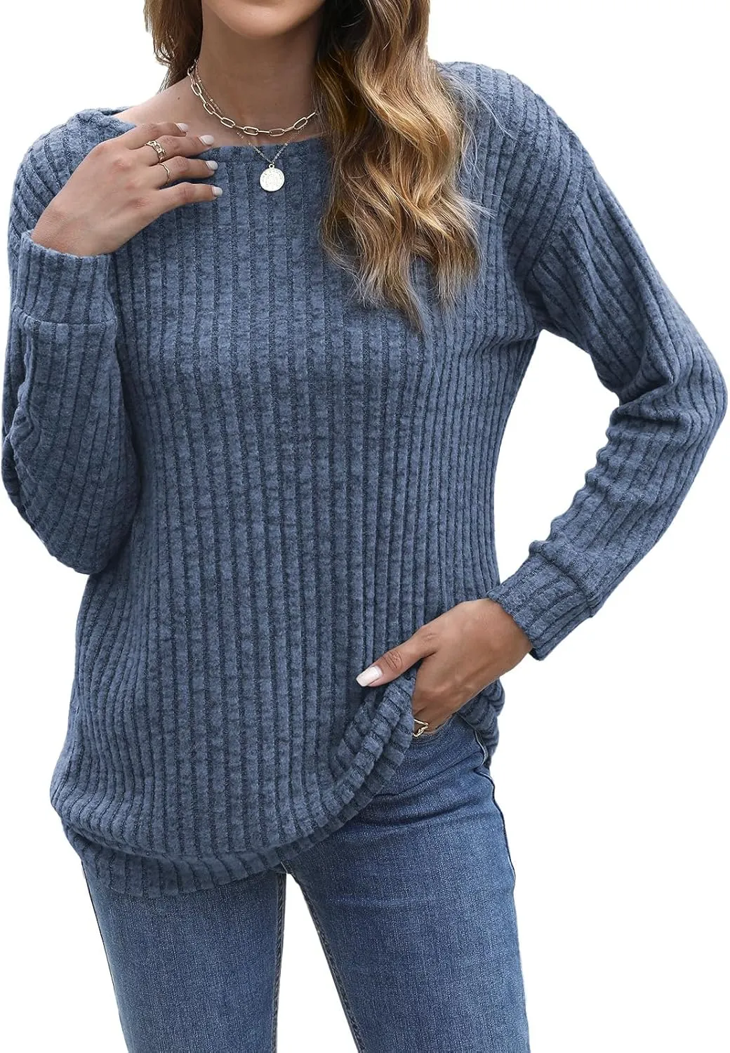 Womens Tops Sweaters Ladies Tunics Casual Long Sleeve Shirts Blouses Tees Dressy Casual Clothing Boat Neck Fashion 2025