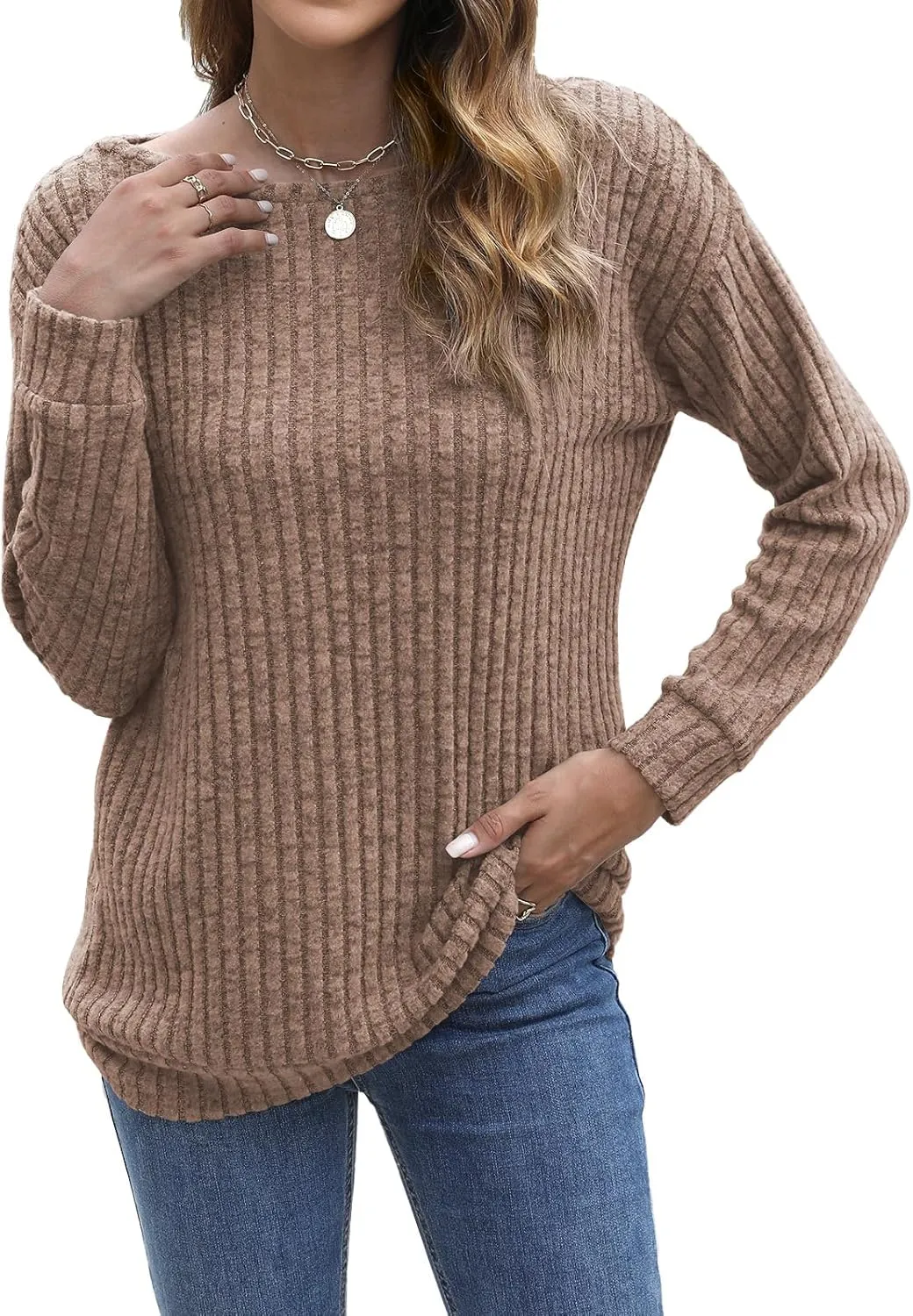 Womens Tops Sweaters Ladies Tunics Casual Long Sleeve Shirts Blouses Tees Dressy Casual Clothing Boat Neck Fashion 2025