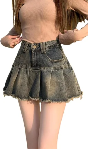 Women's Vintage Distressed Denim Skirt Style High-Waisted A- Line Mini Pleated Skirt