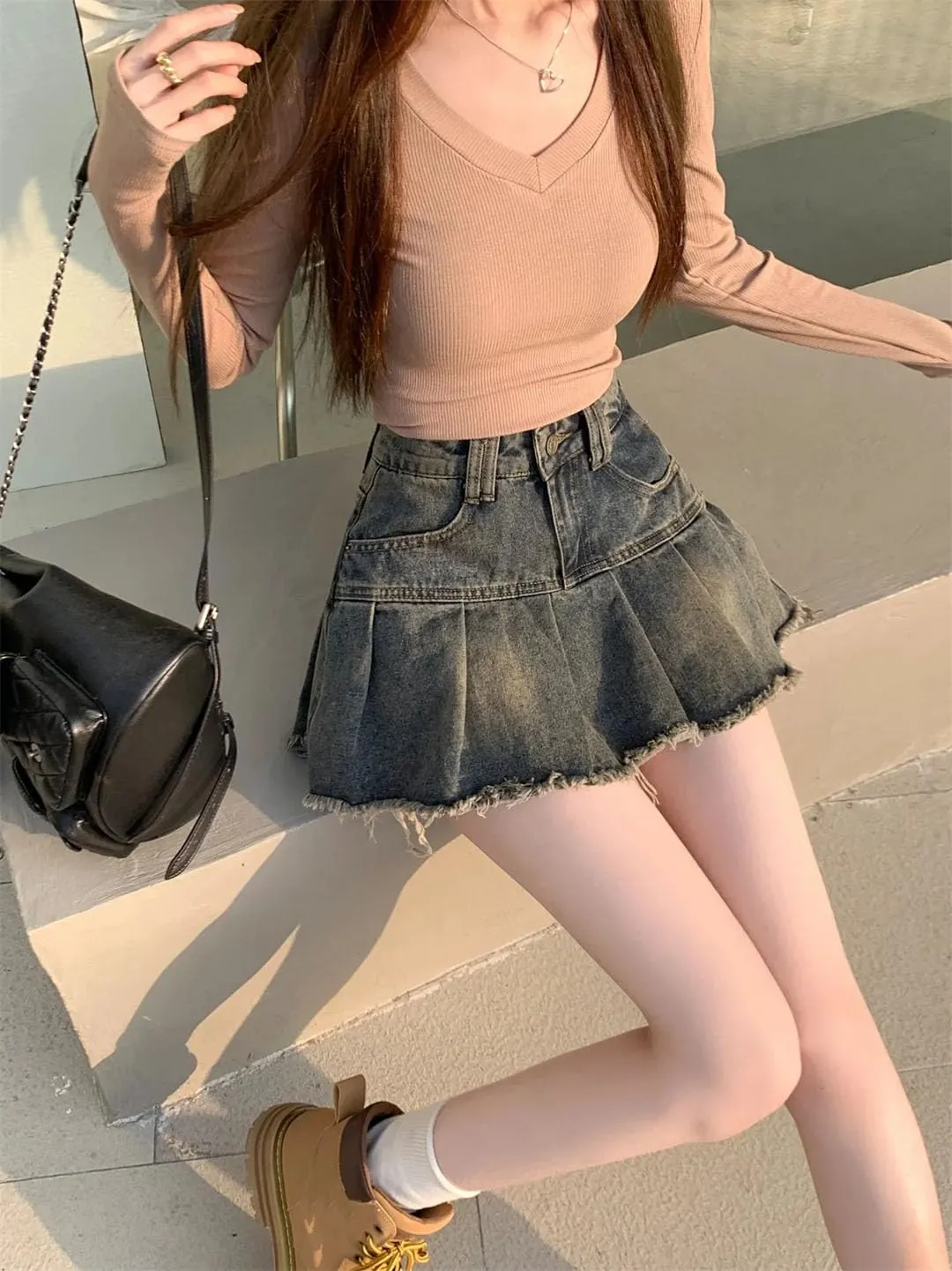 Women's Vintage Distressed Denim Skirt Style High-Waisted A- Line Mini Pleated Skirt
