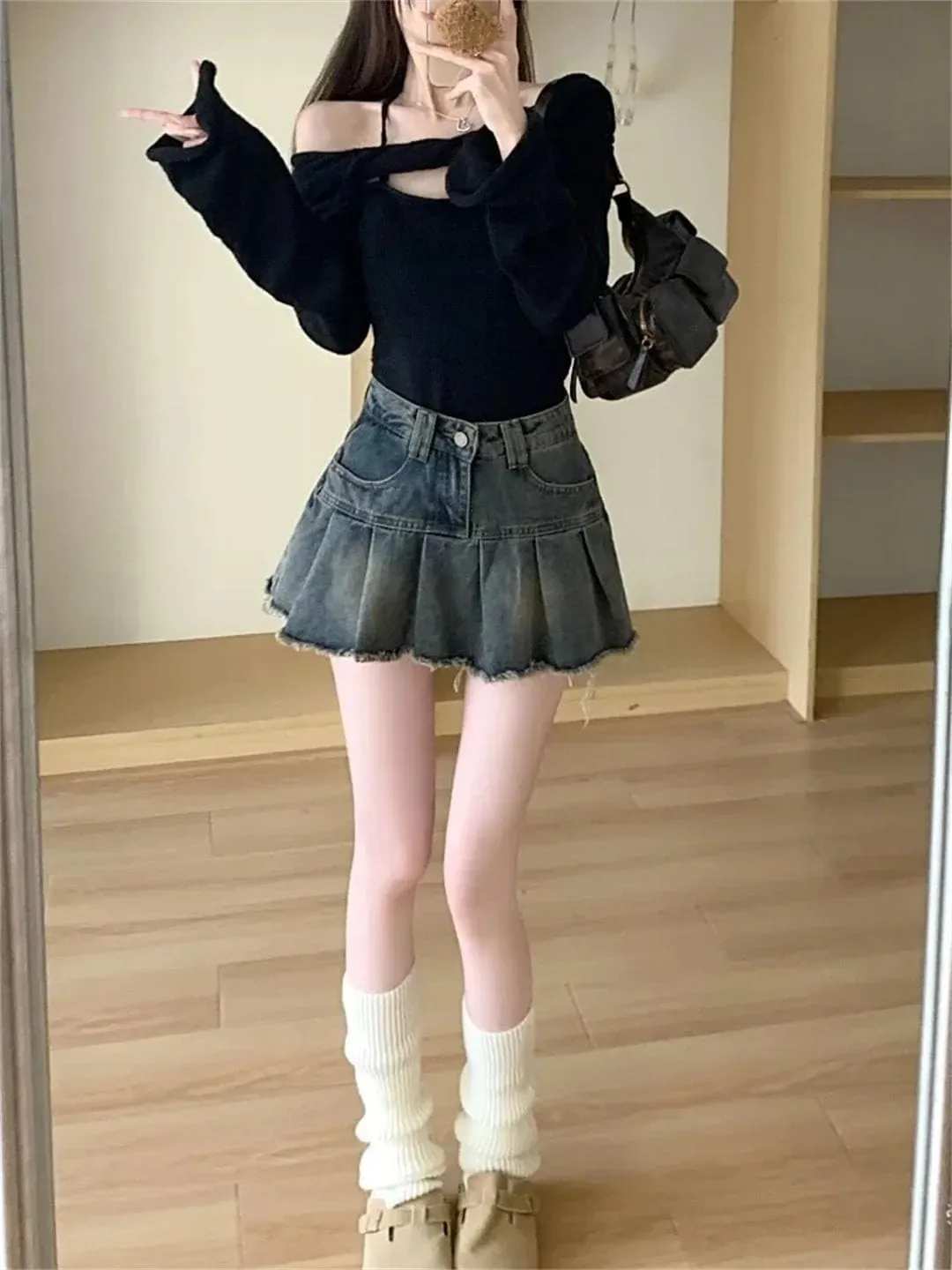 Women's Vintage Distressed Denim Skirt Style High-Waisted A- Line Mini Pleated Skirt