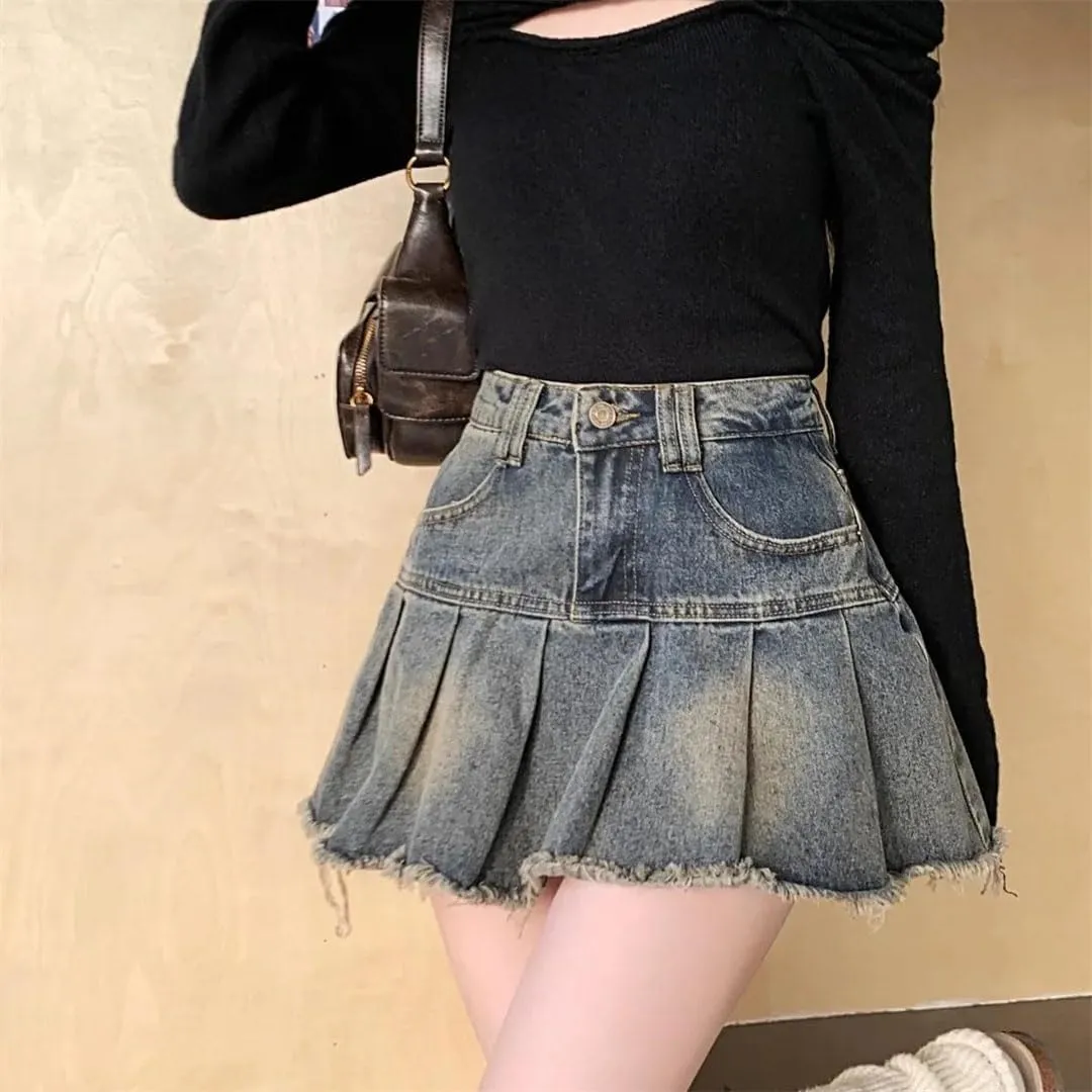 Women's Vintage Distressed Denim Skirt Style High-Waisted A- Line Mini Pleated Skirt