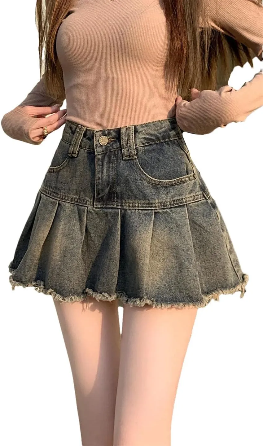Women's Vintage Distressed Denim Skirt Style High-Waisted A- Line Mini Pleated Skirt
