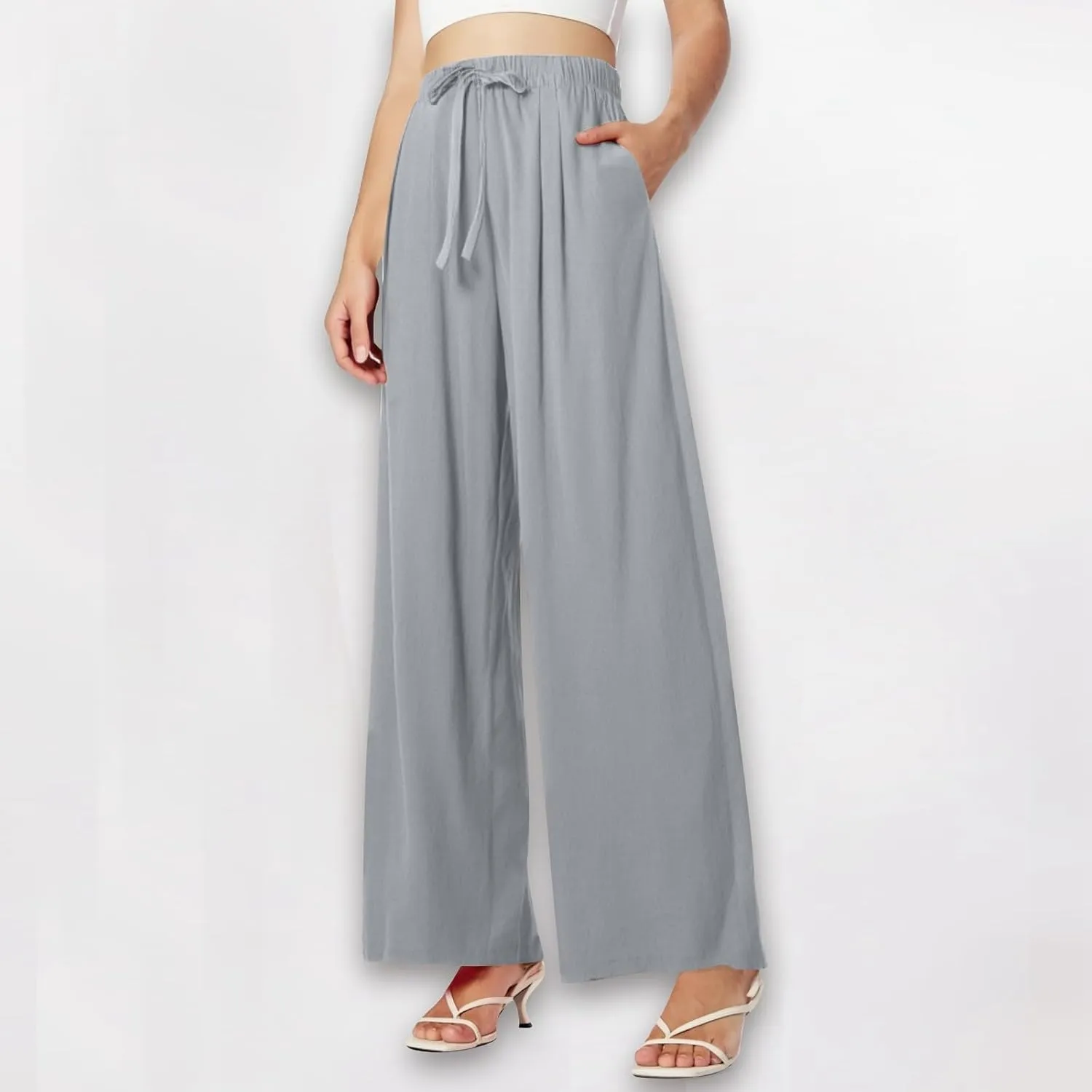 Women's Wide Leg Linen Pants Dressy High Waist Palazzo Pant Tie Knot Loose Flowy Trousers with Pocket