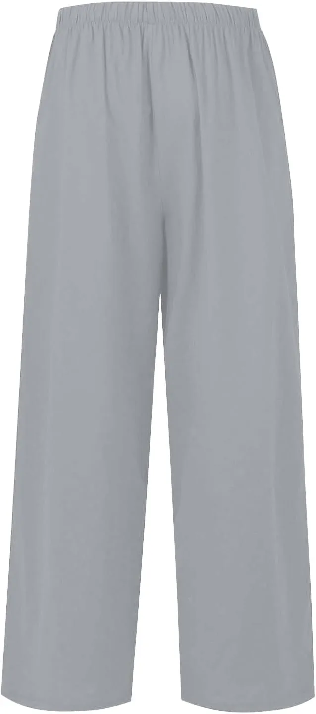 Women's Wide Leg Linen Pants Dressy High Waist Palazzo Pant Tie Knot Loose Flowy Trousers with Pocket