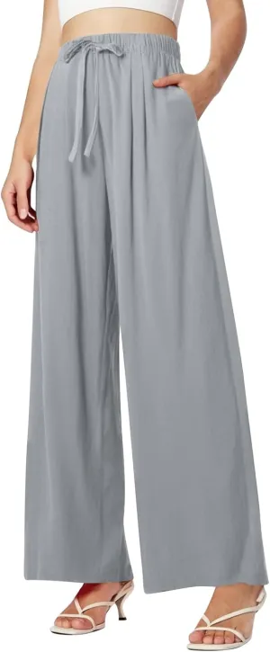 Women's Wide Leg Linen Pants Dressy High Waist Palazzo Pant Tie Knot Loose Flowy Trousers with Pocket