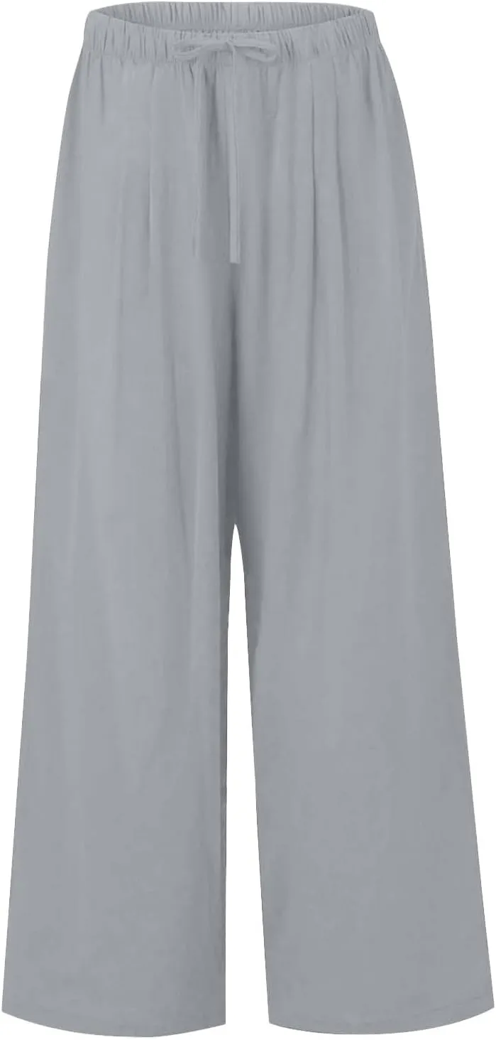Women's Wide Leg Linen Pants Dressy High Waist Palazzo Pant Tie Knot Loose Flowy Trousers with Pocket