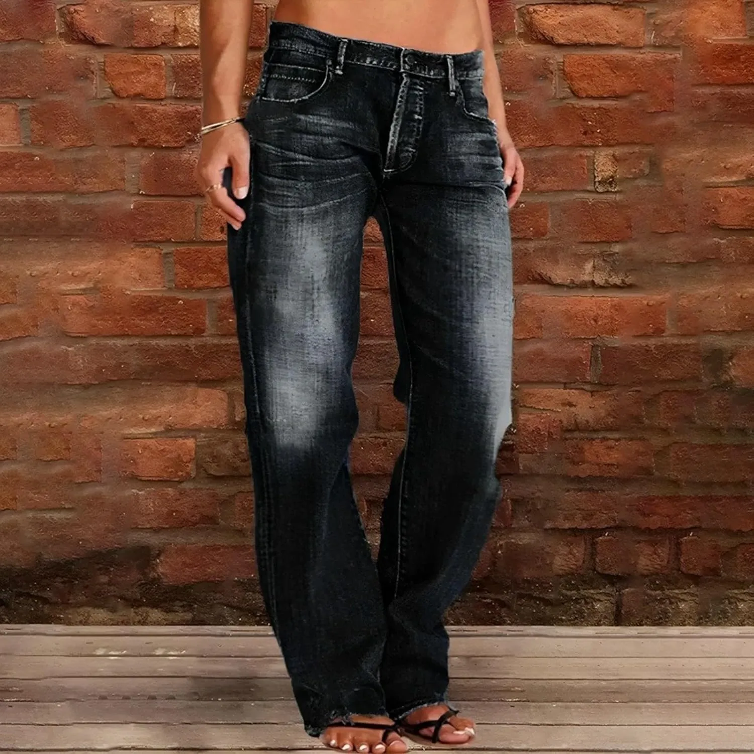 Women's Wide Leg Ripped Trendy Jeans Casual Vintage Distressed Denim Pants Boyfriend Trousers